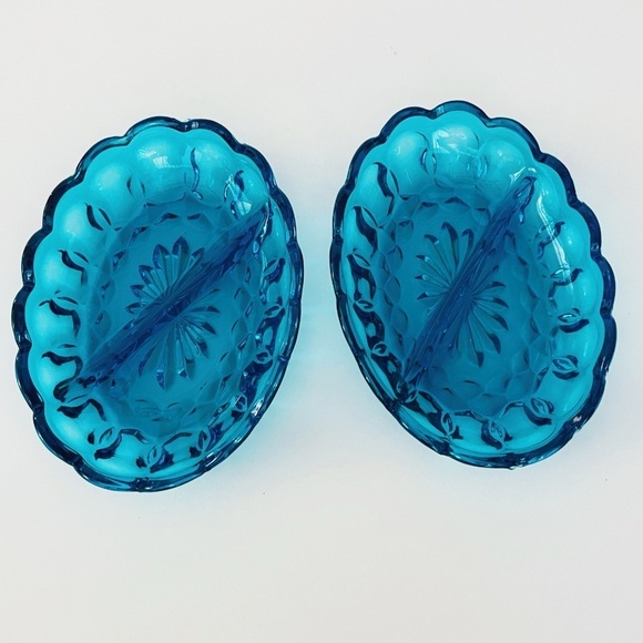MCM Indiana Glass Blue Oval Divided Dish x 2 - Picture 12 of 14